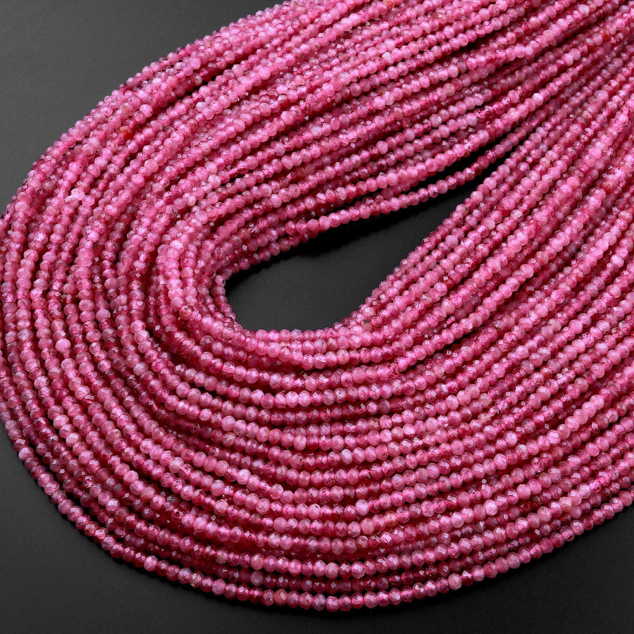AAA Faceted Natural Pink Tourmaline Rondelle 3mm Beads Micro Laser Diamond Cut Gemstone 15.5" Strand