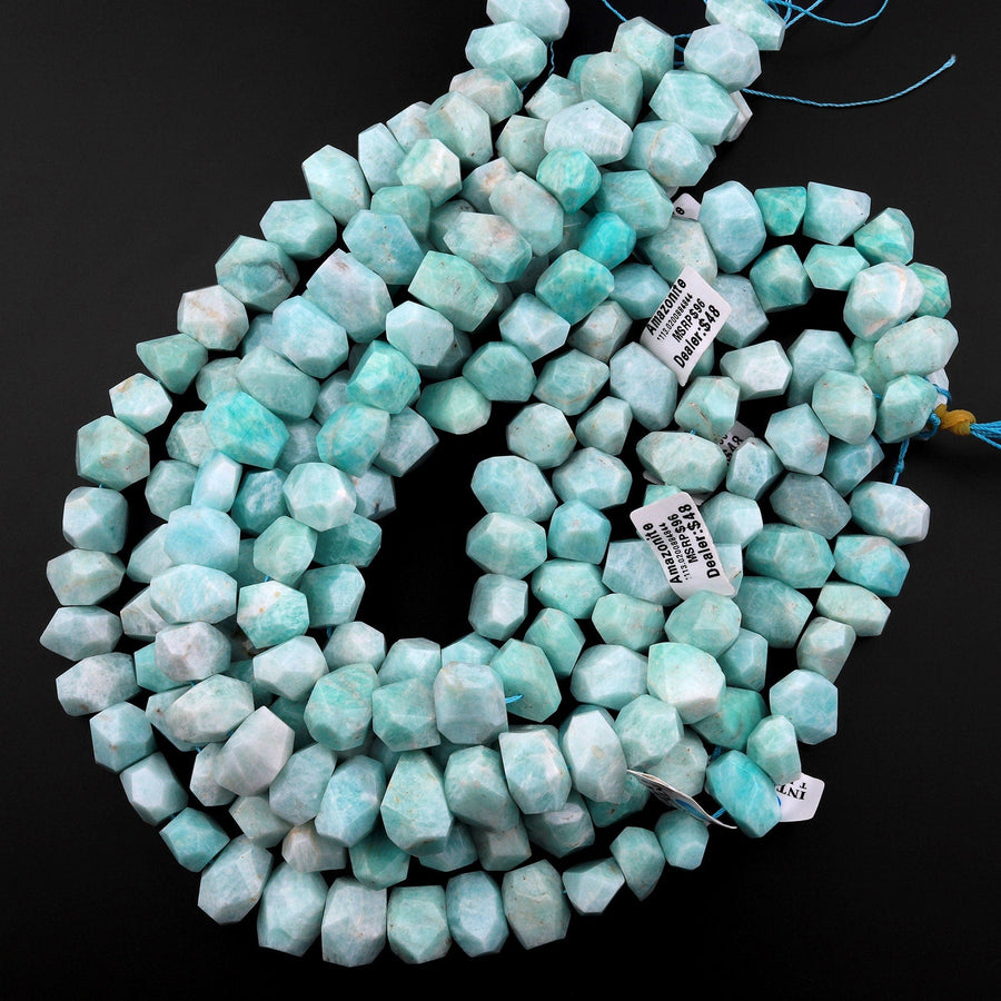 Peruvian Amazonite Beads Faceted Pastel Pale Sea Blue Gemstone Center Drilled Rectangle Nuggets 15.5" Strand