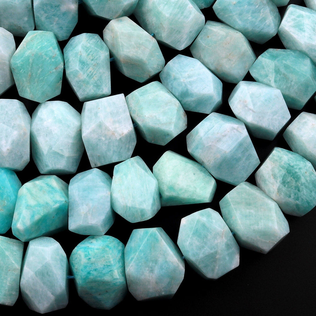 Peruvian Amazonite Beads Faceted Pastel Pale Sea Blue Gemstone Center Drilled Rectangle Nuggets 15.5" Strand