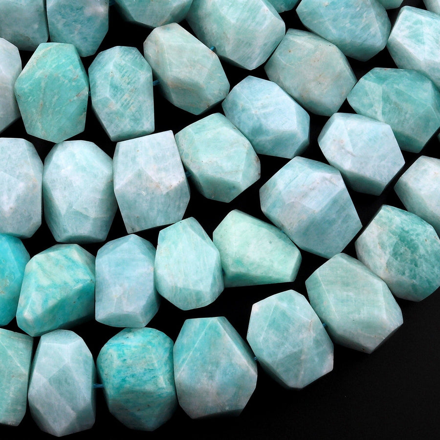 Peruvian Amazonite Beads Faceted Pastel Pale Sea Blue Gemstone Center Drilled Rectangle Nuggets 15.5" Strand