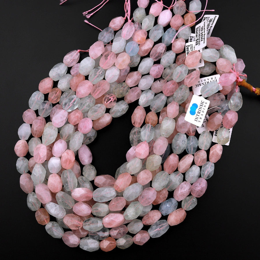 AAA Faceted Natural Sea Green Aquamarine Pink Morganite Faceted Nuggets Beads 15.5" Strand