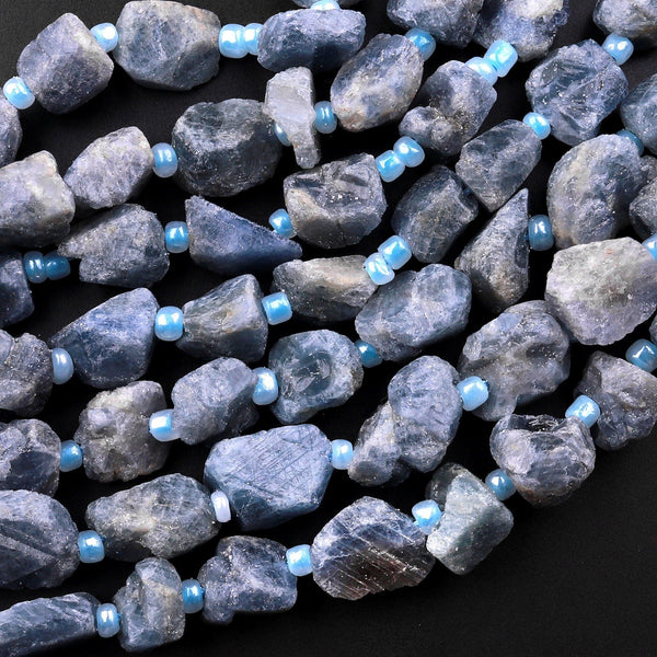Rough Raw Natural Blue Sapphire Nugget Beads Freeform Hand Hammered Gemstone 15.5" Strand