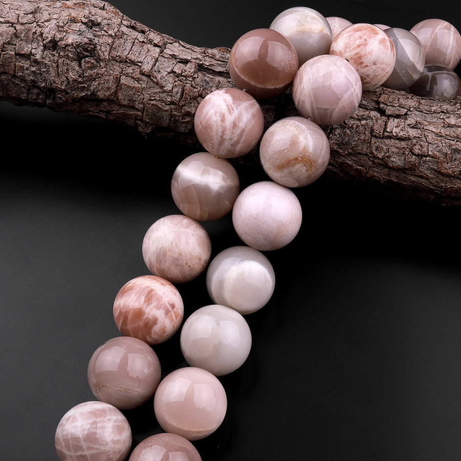 Large Natural Peach Feldspar Moonstone 20mm 22mm Round Beads 15.5" Strand