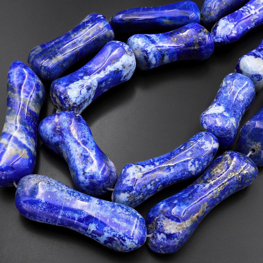 Large Phenomenal Freeform Natural Blue Lapis Flat Slab Pendant Beads Dog Bone Shape 15.5" Strand