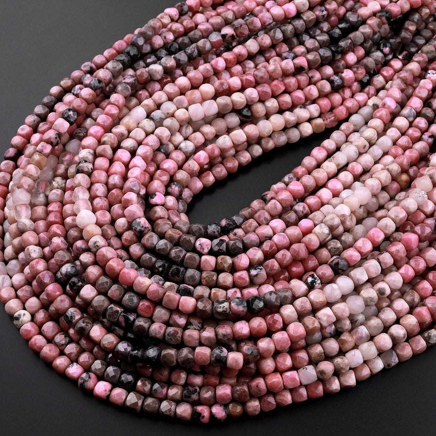 Natural Pink Rhodonite Faceted 4mm Cube Square Dice Beads 15.5" Strand