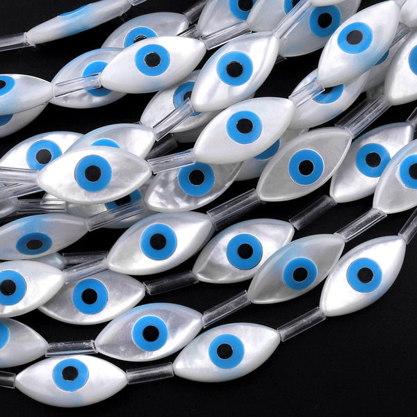 AAA Iridescent Natural White Mother of Pearl Shell Blue Evil Eye Oval Beads 8mm 12mm 14mm 18mm Choose from 5 pcs, 10pcs
