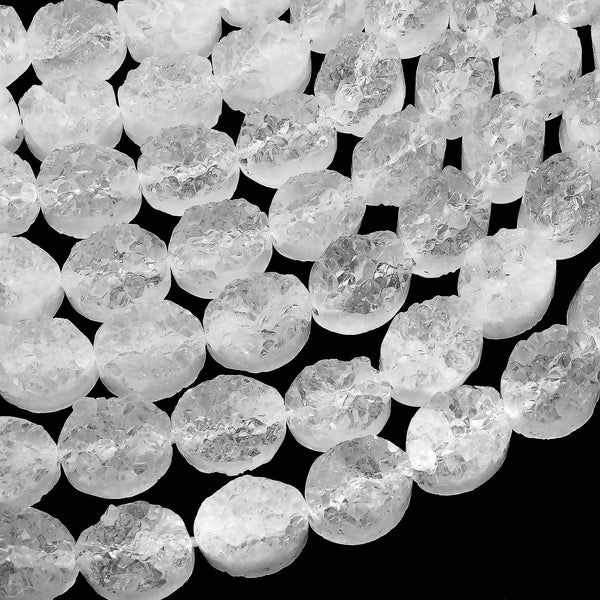 Pristine Icy White Natural Rock Quartz Druzy Beads Drusy Beads 8mm 12mm Oval Drilled Crystal Beads Perfect for Earrings 15.5" Strand