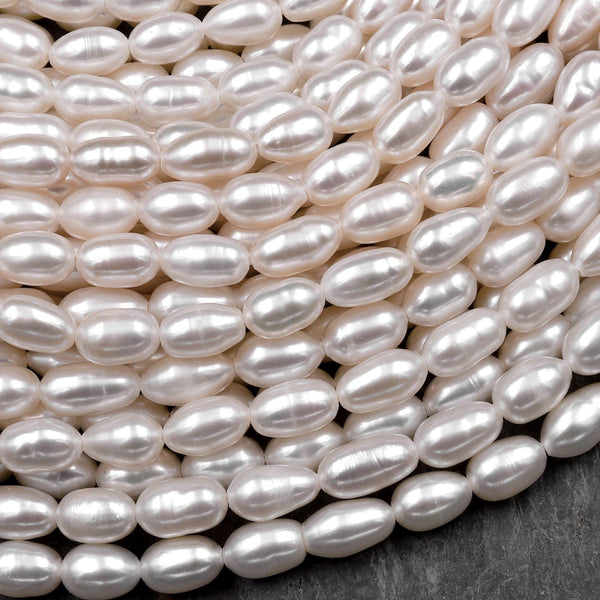 AAA Genuine White Freshwater Long Oval 6mm 8mm 10mm Pearl Shimmery Iridescent Classic White Pearl 15.5" Strand