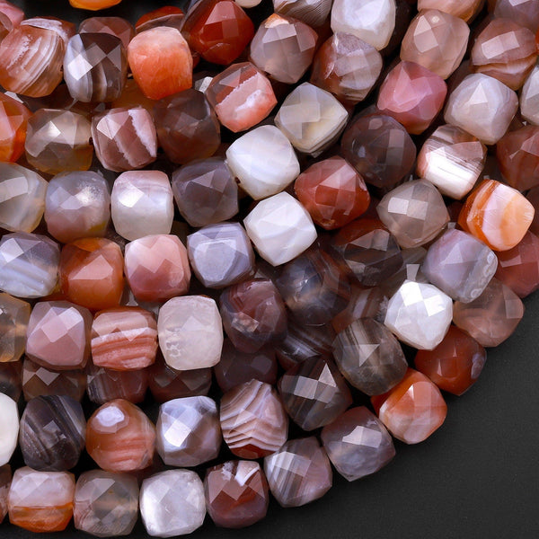 Faceted Natural Mauve Pink Red Gray Botswana Agate 8mm Faceted Cube Beads Sparkling Dazzling Vibrant Gemstone 15.5" Strand