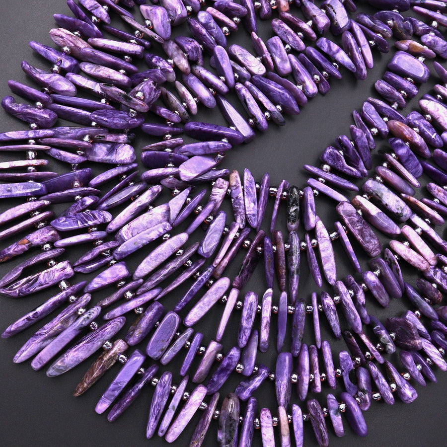 Natural Purple Charoite Long Freeform Spike Top Side Drilled Beads 15.5" Strand