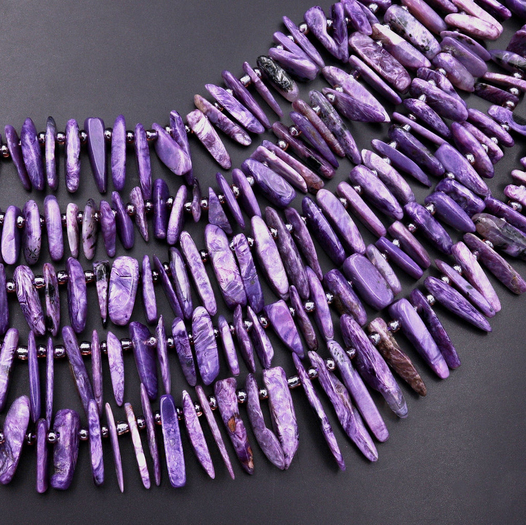 Natural Purple Charoite Long Freeform Spike Top Side Drilled Beads 15.5" Strand