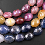 Natural Multicolor Red Pink Yellow Sapphire Smooth Oval Pebble Large Gemstone Beads Necklace Strand