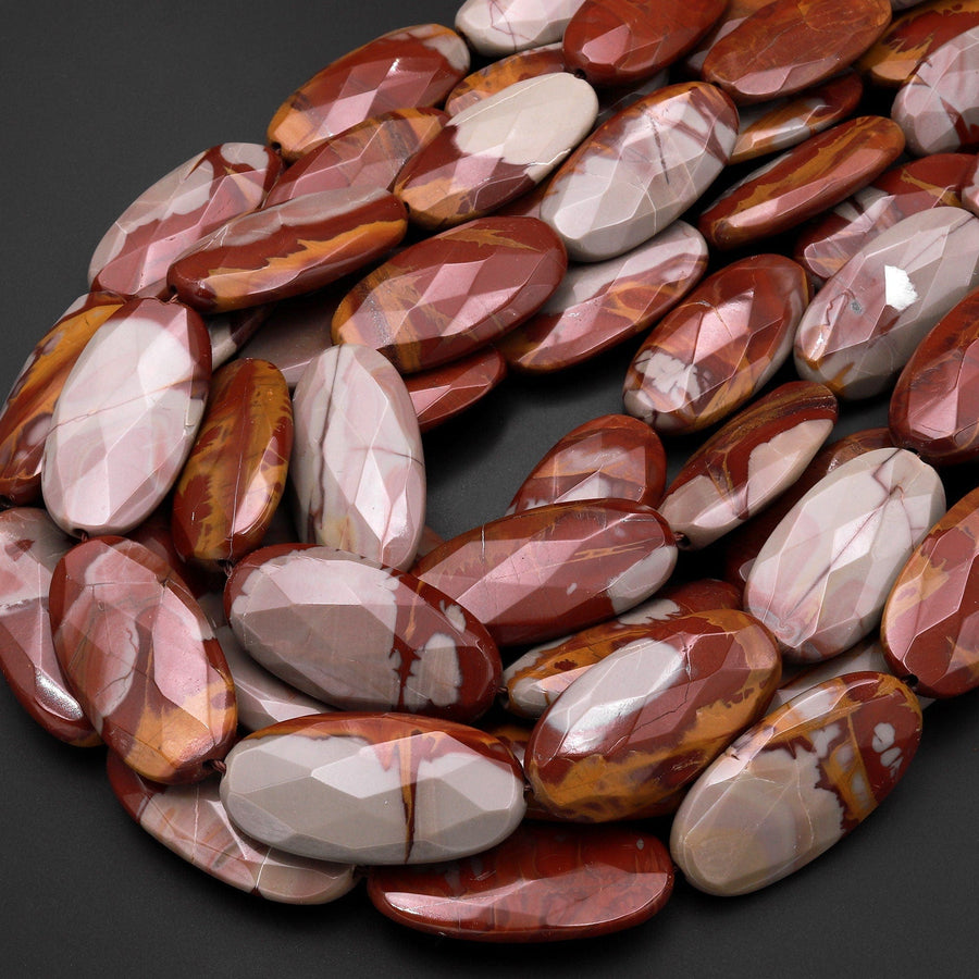 Large Phenomenal Faceted Natural Noreena Jasper Long Oval 40mm Pendant Beads 15.5" Strand