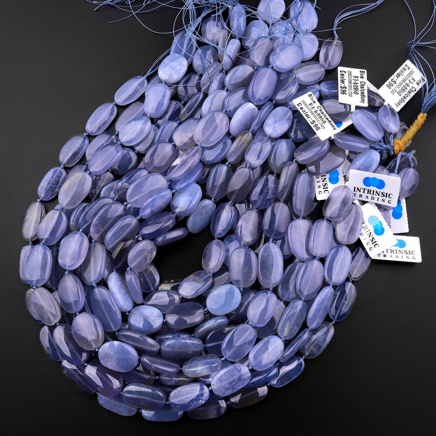 AAA Natural Blue Chalcedony Smooth Oval Beads 15.5" Strand