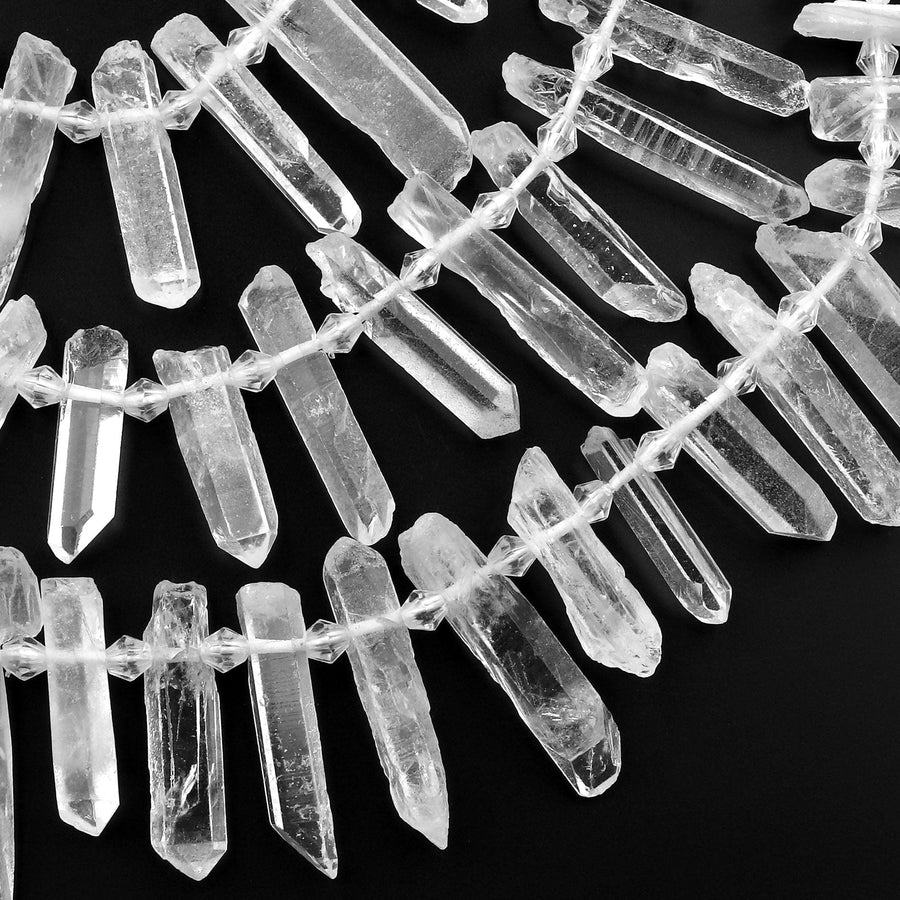Raw Rough Unpolished Matte Natural Rock Crystal Quartz Beads Thin Point Top Drilled Sticks Spikes Freeform 15.5" Strand
