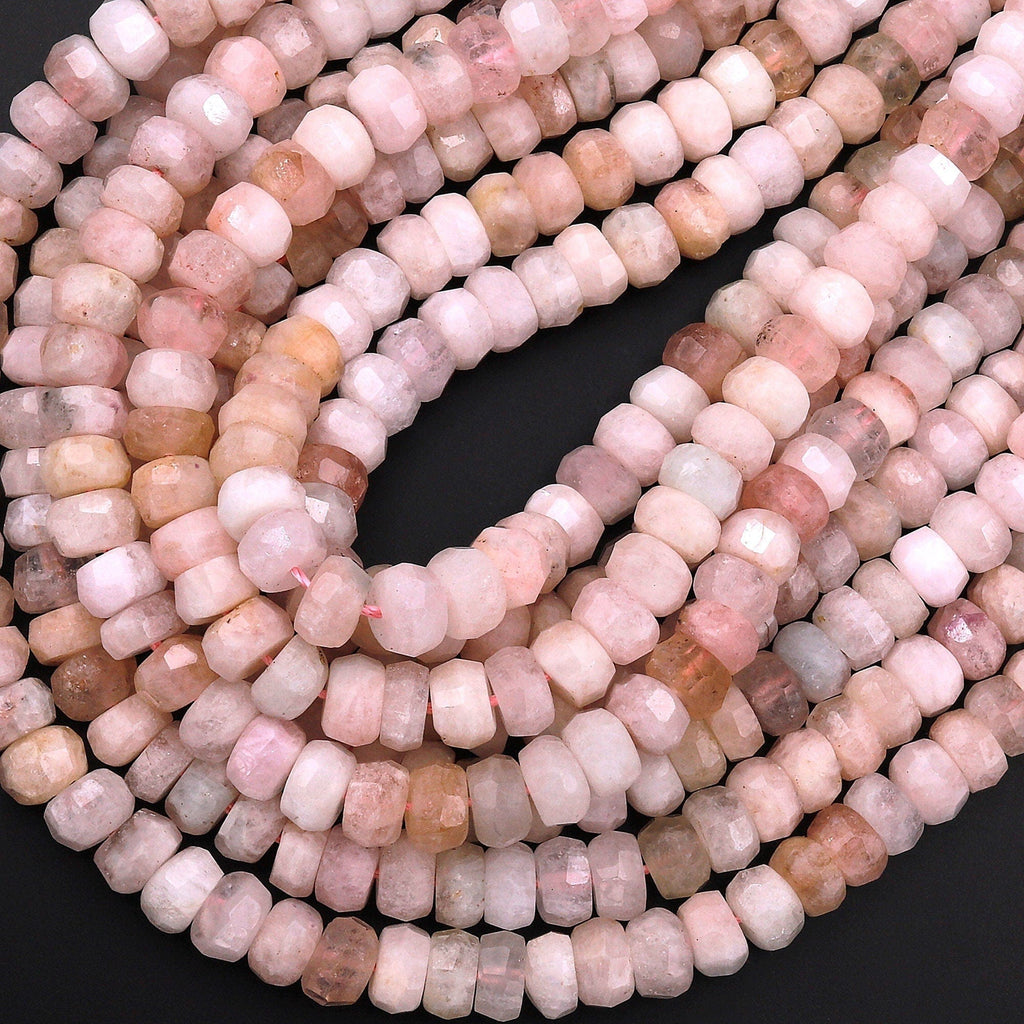 Faceted Natural Pastel Pink Morganite Aquamarine Beryl Rondelle Wheel Beads 8mm 9mm 15.5" Strand