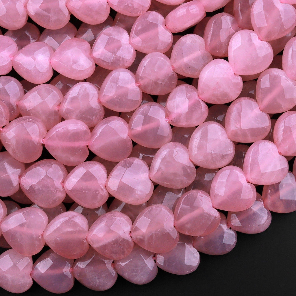 AAA Faceted Natural Mauve Pink Rose Quartz Beads Gemstone Heart From Madagascar 15.5" Strand