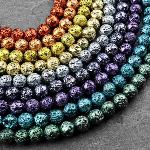 Natural Volcanic Lava 8mm Round Bead Shiny Metallic Gold Orange Blue Green Champagne Purple Silver Bronze Colors 15.5" Strand