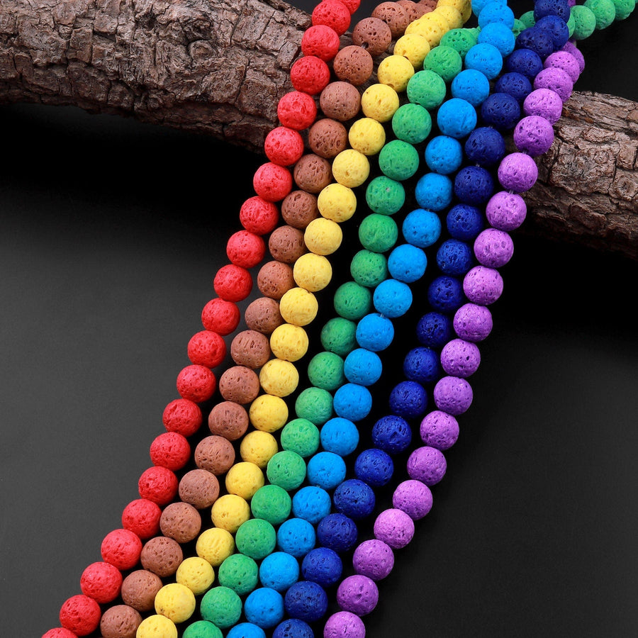 Natural Volcanic Lava 6mm 8mm 10m Round Bead Colorful Rainbow Red Yellow Brown Green Teal Blue Purple 15.5" Strand