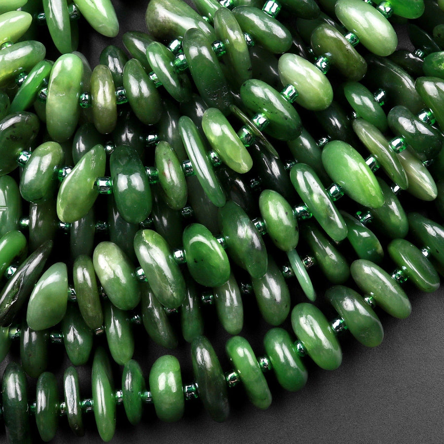 Natural Canadian Jade Freeform Rondelle Pebble Beads Center Drilled Disc 15.5" Strand