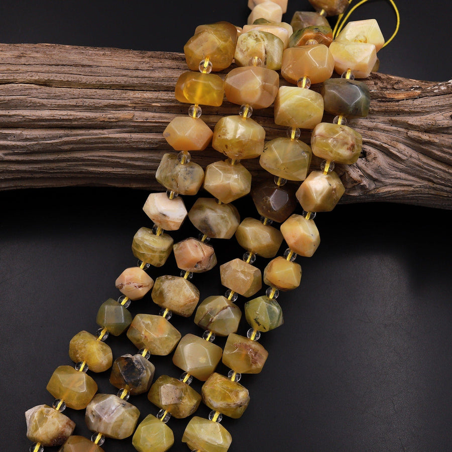 Natural African Yellow Opal Bead Chunky Large Faceted Rectangle Nuggets 15.5" Strand