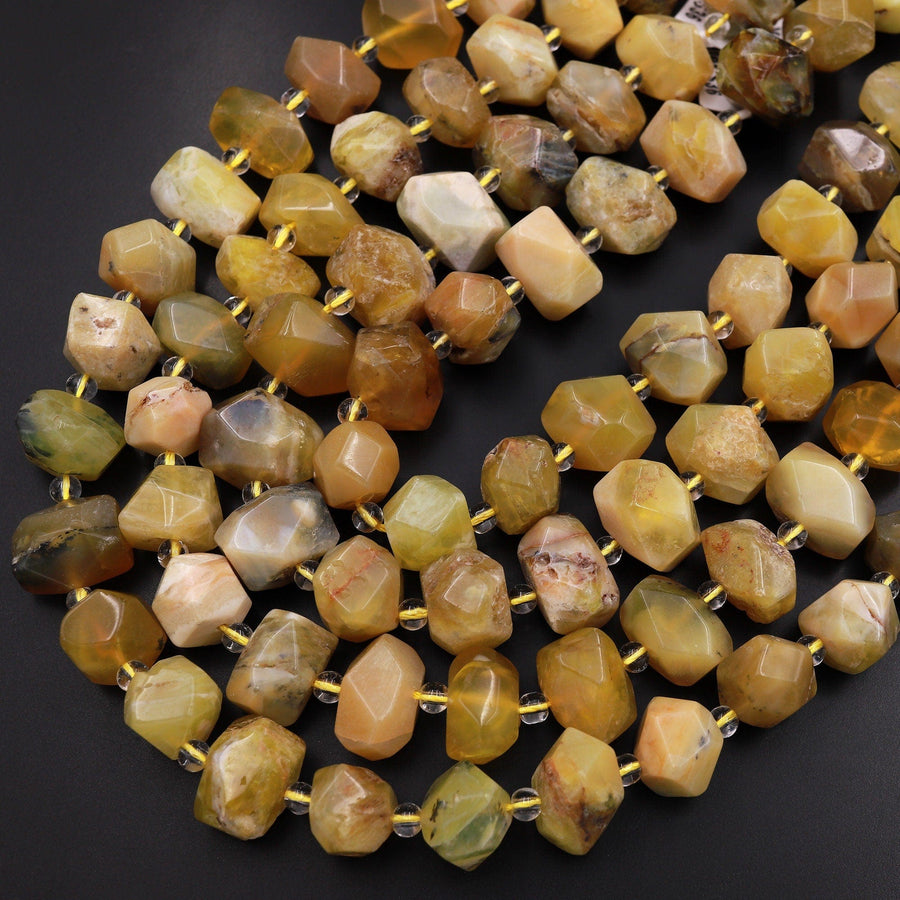 Natural African Yellow Opal Bead Chunky Large Faceted Rectangle Nuggets 15.5" Strand
