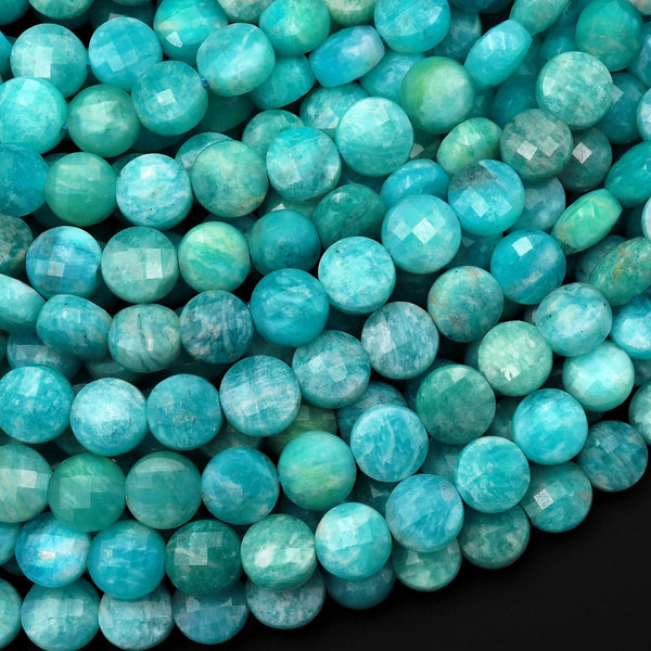 Faceted Peruvian Amazonite 8mm Coin Beads Natural Gemstone 15.5" Strand