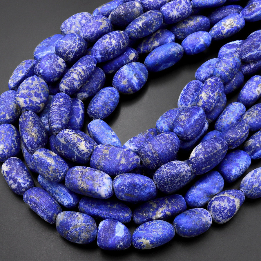 Matte Large Natural Blue Lapis Freeform Oval Nugget Beads 15.5" Strand
