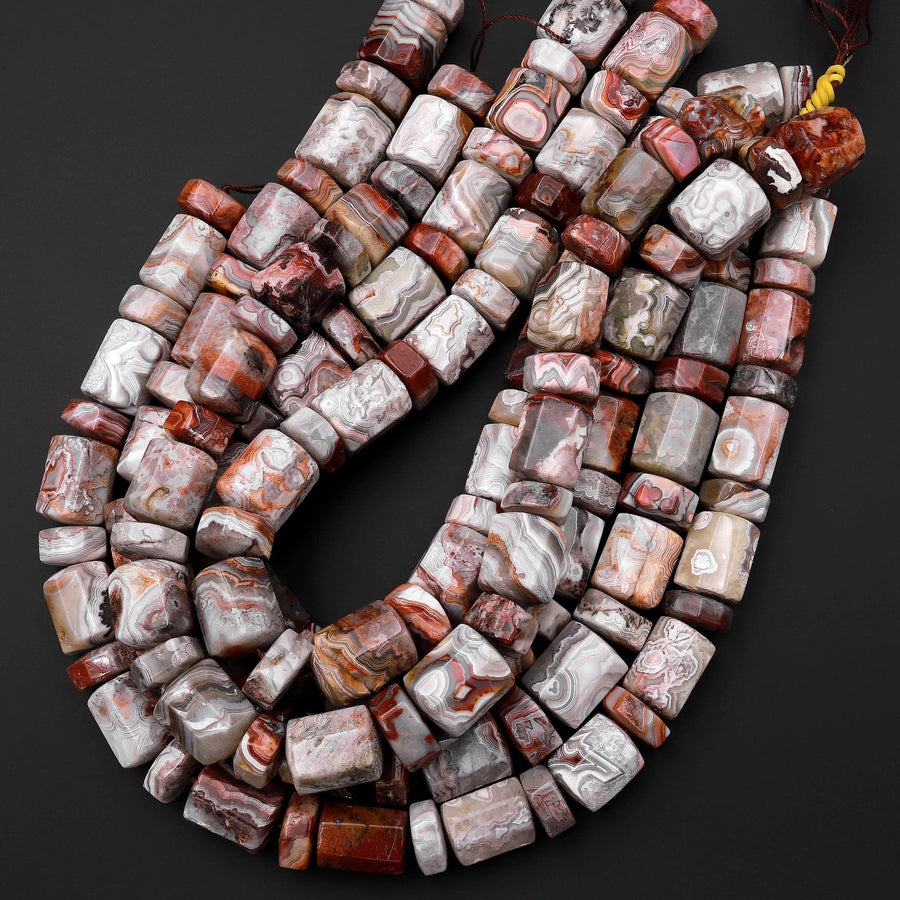 Rare Laguna Lace Agate Beads Large Faceted Cylinder Barrel Drum Tube Nuggets 15.5" Strand