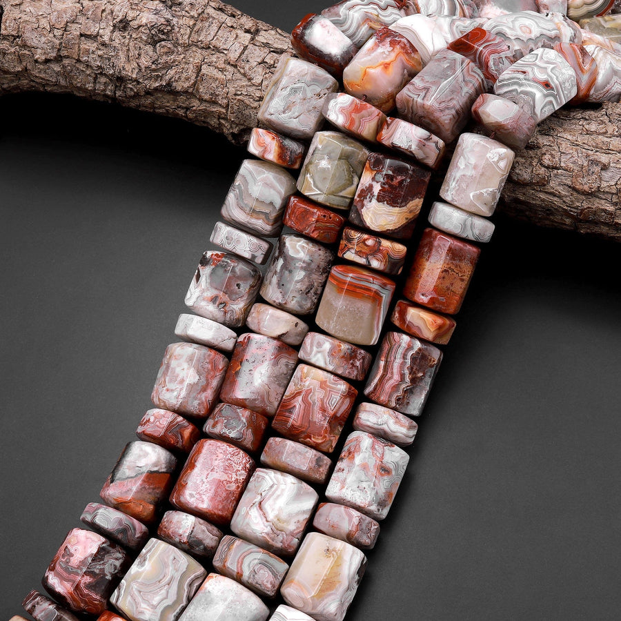 Rare Laguna Lace Agate Beads Large Faceted Cylinder Barrel Drum Tube Nuggets 15.5" Strand