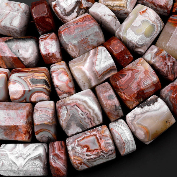 Rare Laguna Lace Agate Beads Large Faceted Cylinder Barrel Drum Tube Nuggets 15.5" Strand