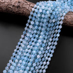 AAA Natural Translucent Blue Aquamarine 6mm Beads Faceted Energy Prism Double Terminated Point Cut 15.5" Strand