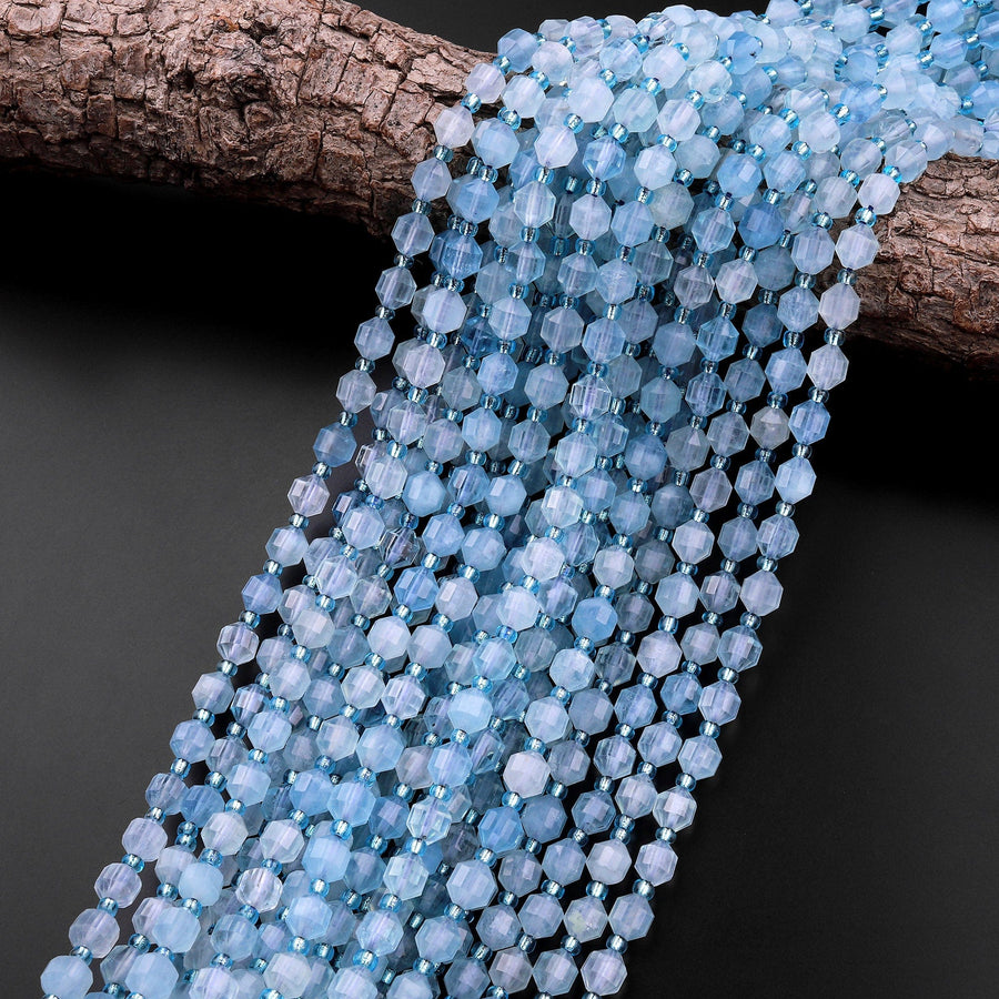 AAA Natural Translucent Blue Aquamarine 6mm Beads Faceted Energy Prism Double Terminated Point Cut 15.5" Strand