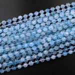 AAA Natural Translucent Blue Aquamarine 6mm Beads Faceted Energy Prism Double Terminated Point Cut 15.5" Strand