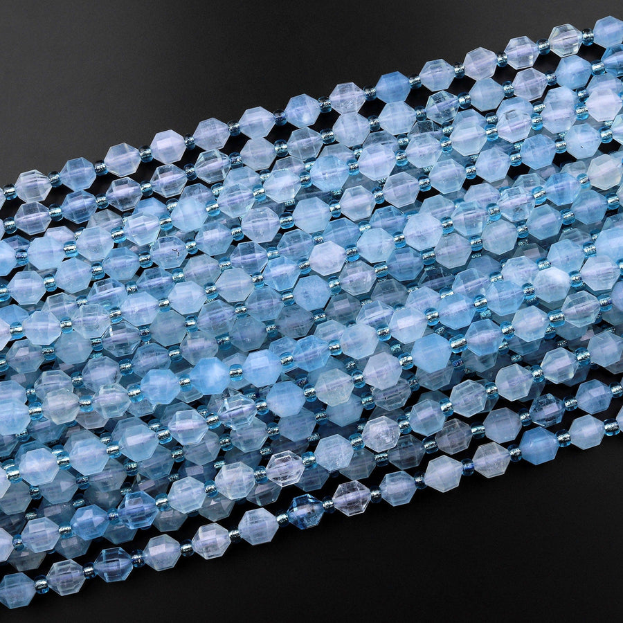 AAA Natural Translucent Blue Aquamarine 6mm Beads Faceted Energy Prism Double Terminated Point Cut 15.5" Strand