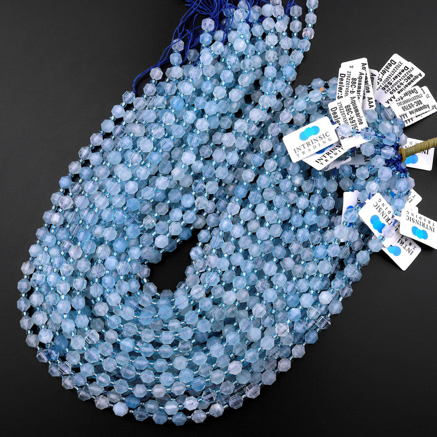 AAA Natural Translucent Blue Aquamarine 6mm Beads Faceted Energy Prism Double Terminated Point Cut 15.5" Strand