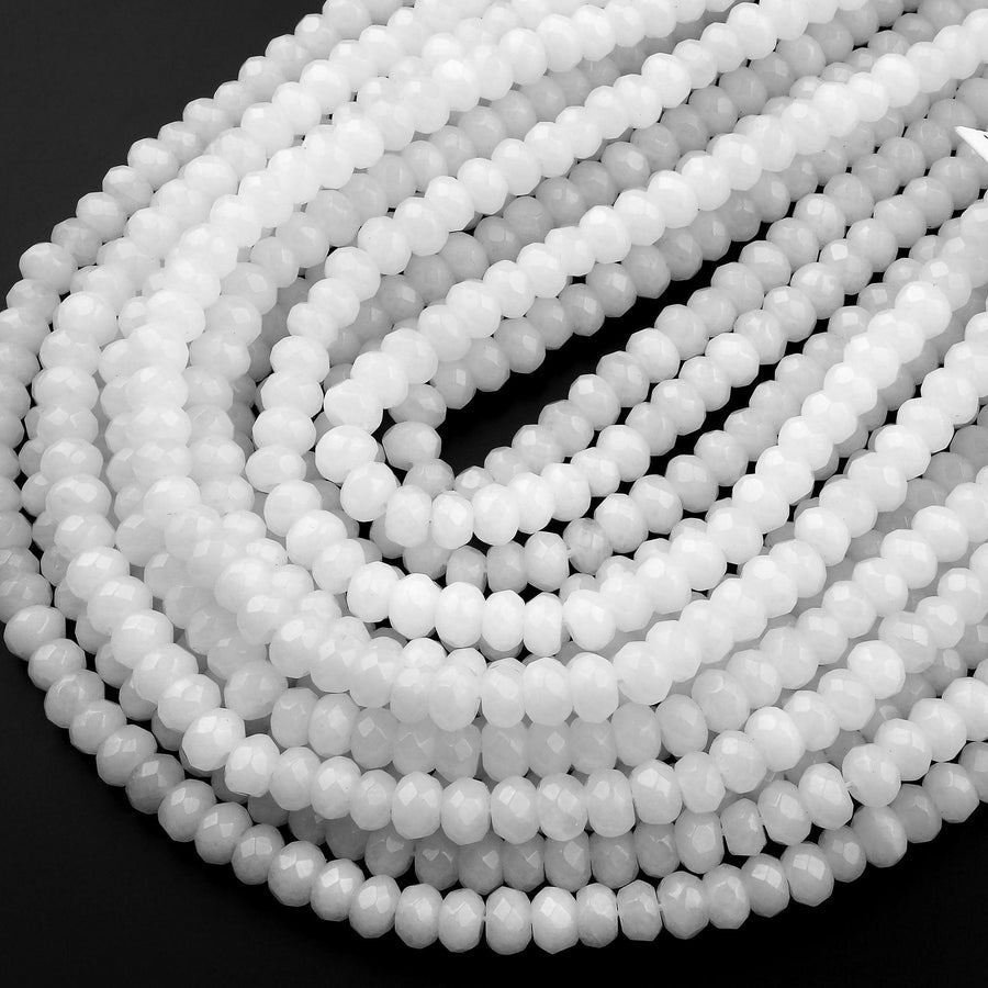 Faceted Natural White Jade Beads 4mm 6mm 8mm faceted Rondelle Roundel Pristine Snowy White Jade Gemstone Beads 15.5" Strand