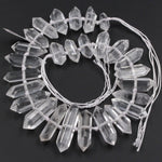 Rock Crystal Quartz Beads Faceted Double Terminated Pointed Tips Large Drilled Healing Natural Quartz Crystal Focal Pendant Bead 16" Strand