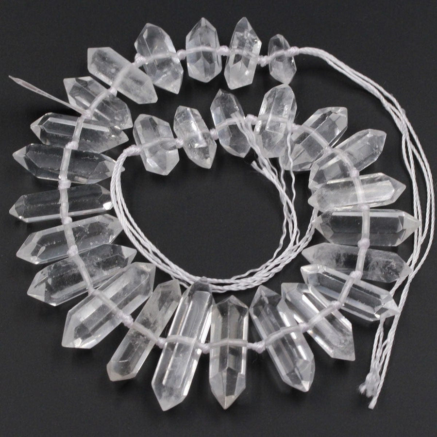 Rock Crystal Quartz Beads Faceted Double Terminated Pointed Tips Large Drilled Healing Natural Quartz Crystal Focal Pendant Bead 16" Strand