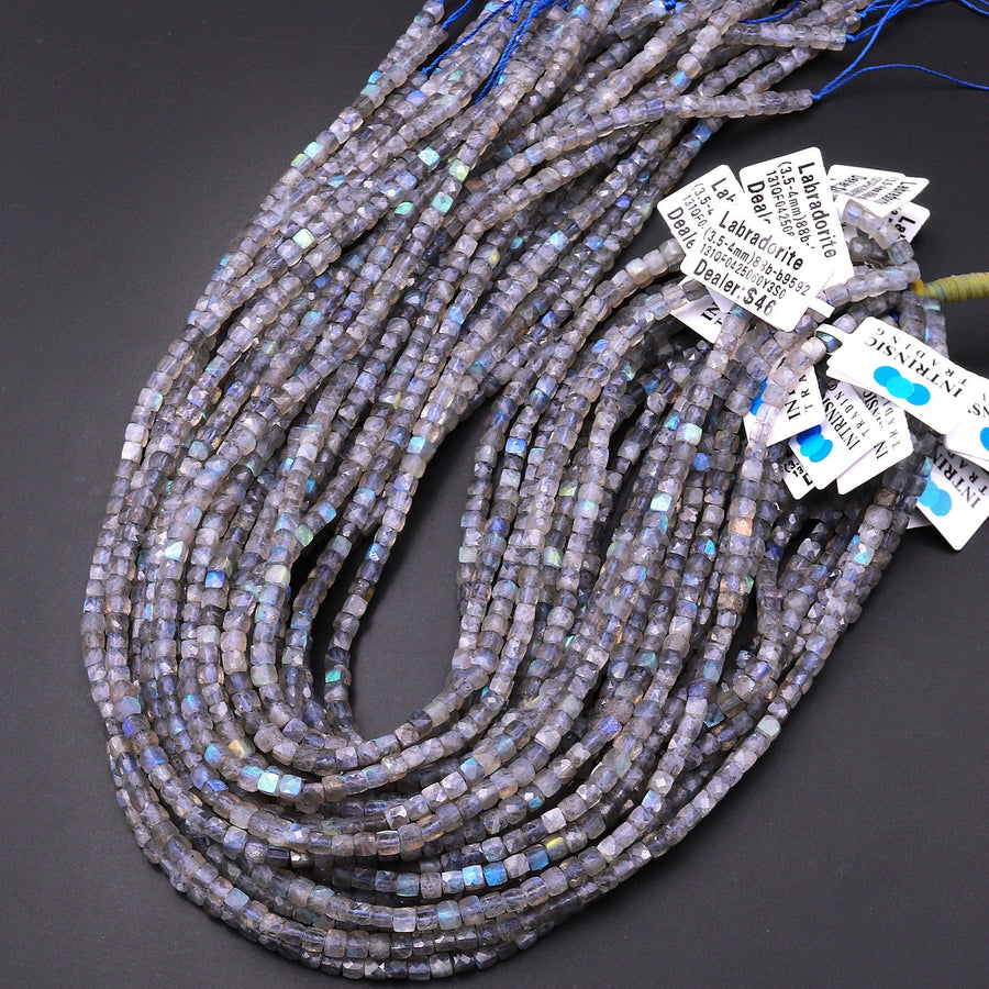 Natural Blue Labradorite Micro Faceted 3mm 4mm Gemstone Cube Dice Square Beads 15.5" Strand