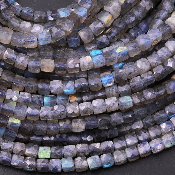 Natural Blue Labradorite Micro Faceted 3mm 4mm Gemstone Cube Dice Square Beads 15.5" Strand