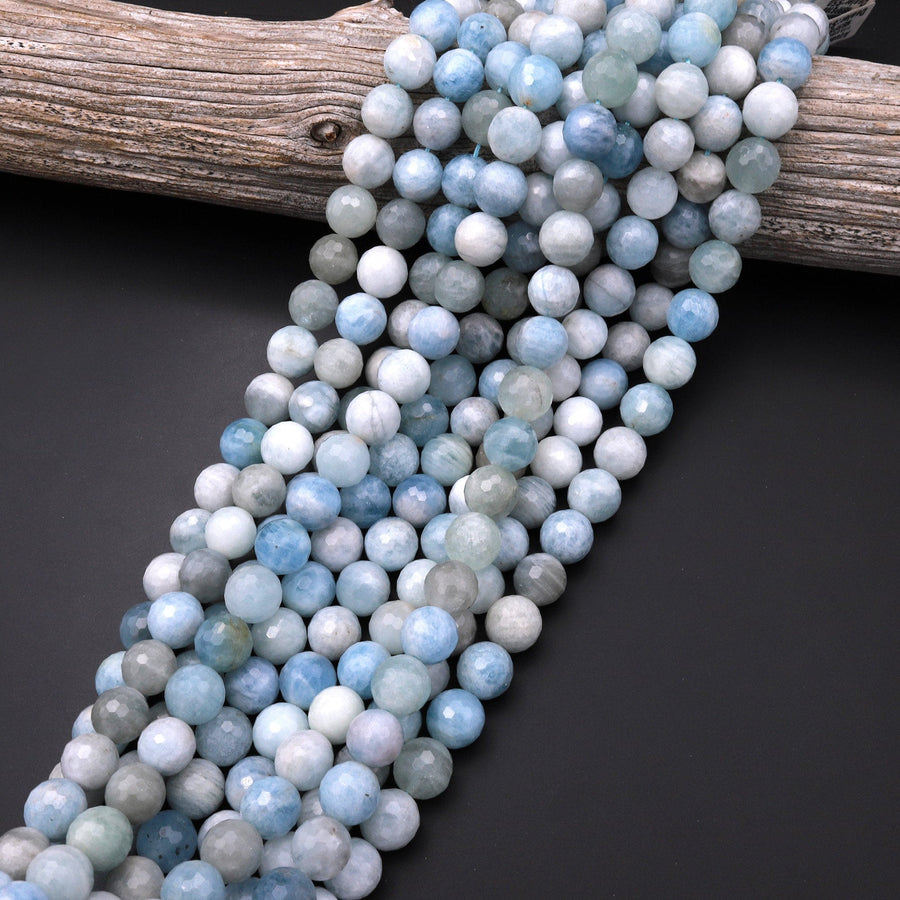 Natural Blue Aquamarine Beads Faceted 12mm Round Gemstone 15.5" Strand