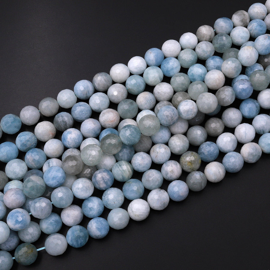 Natural Blue Aquamarine Beads Faceted 12mm Round Gemstone 15.5" Strand