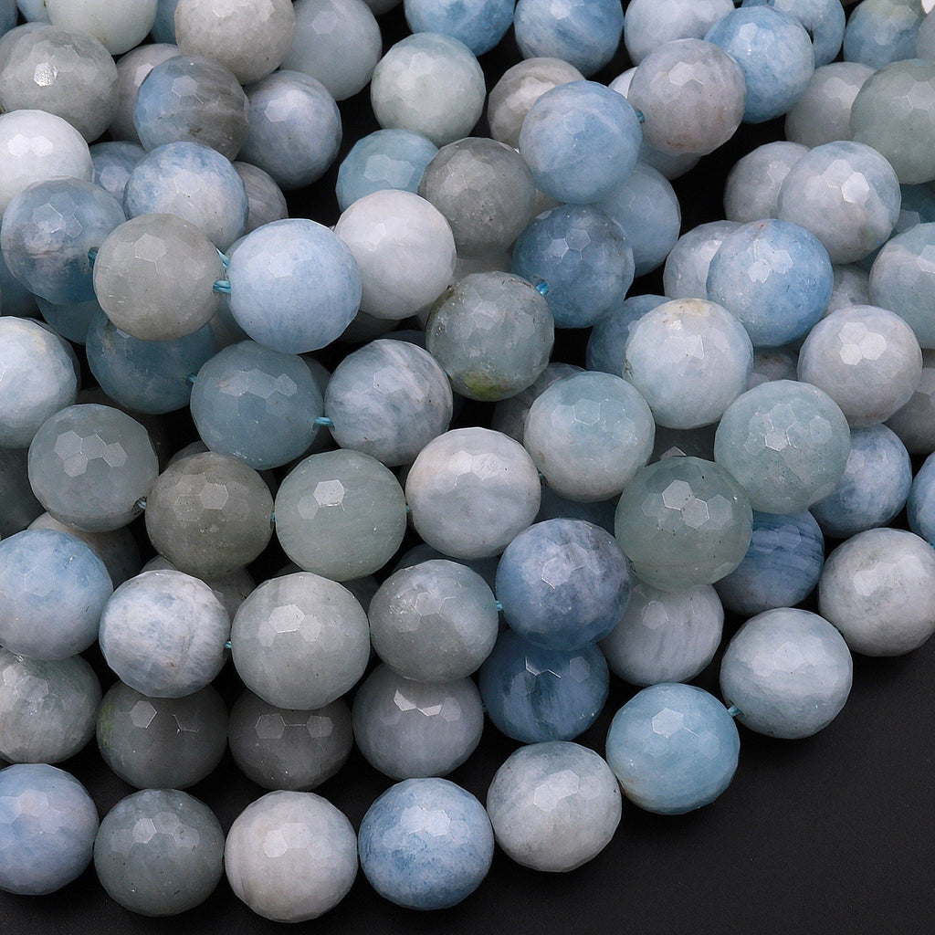 Natural Blue Aquamarine Beads Faceted 12mm Round Gemstone 15.5" Strand