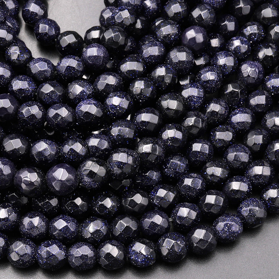 Faceted Blue Goldstone Sandstone Round Beads 6mm 15.5" Strand