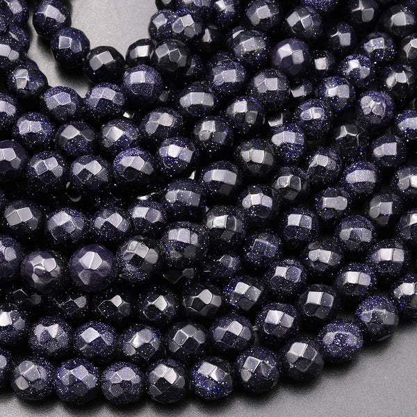 Faceted Blue Goldstone Sandstone Round Beads 6mm 15.5" Strand