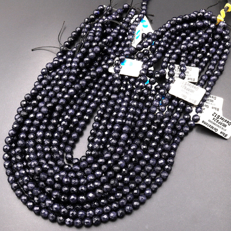 Faceted Blue Goldstone Sandstone Round Beads 6mm 15.5" Strand