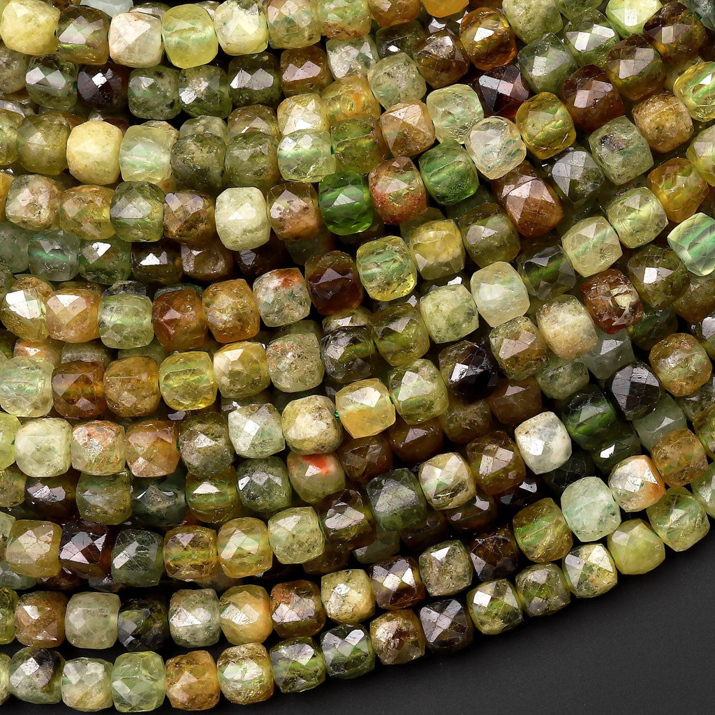 Natural Green Garnet 4mm Faceted Cube Square Dice Beads Gemstone 15.5" Strand