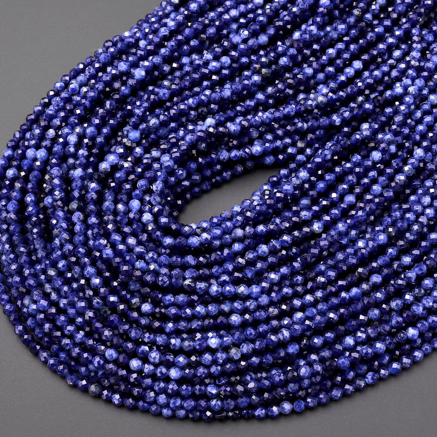 AAA Natural Blue Sodalite 3mm 4mm Faceted Round Beads 15.5" Strand