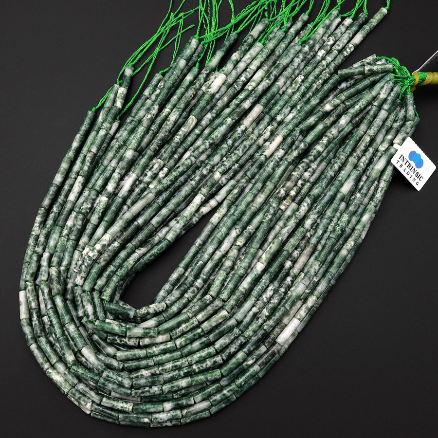 Natural Green Tree Agate Thin Long Tube Beads 15.5" Strand
